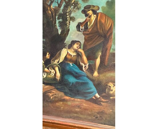 Dipinto Pastorale “Paesaggio con figure” del XIX Secolo – Olio su Tela con Cornice Dorata