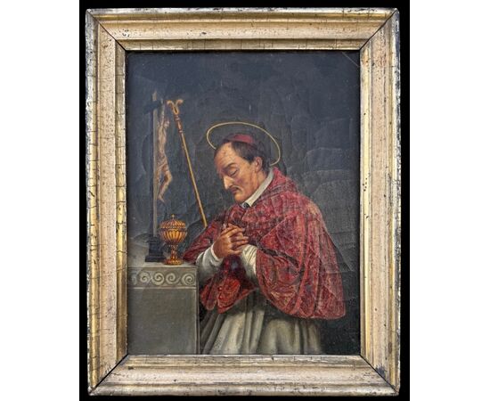 Dipinto olio su tela raffigurante San Carlo Borromeo.