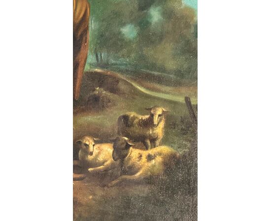 Dipinto Pastorale “Paesaggio con figure” del XIX Secolo – Olio su Tela con Cornice Dorata