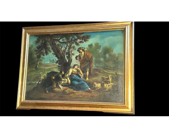 Dipinto Pastorale “Paesaggio con figure” del XIX Secolo – Olio su Tela con Cornice Dorata