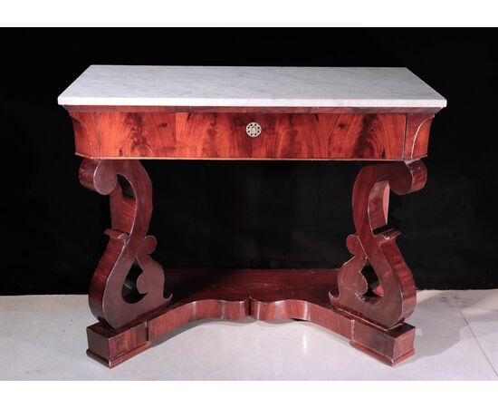 Console table in mahogany feather, Naples, 19th century