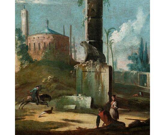 Antonio Stom (Venice 1688 - Venice 1734) - Architectural capriccio with classic ruins and heraldic lion.