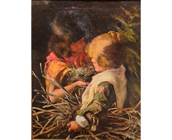 " IL NIDO" - OLIO SU TELA - ARGELIA BUTTI (1855 - 1924)