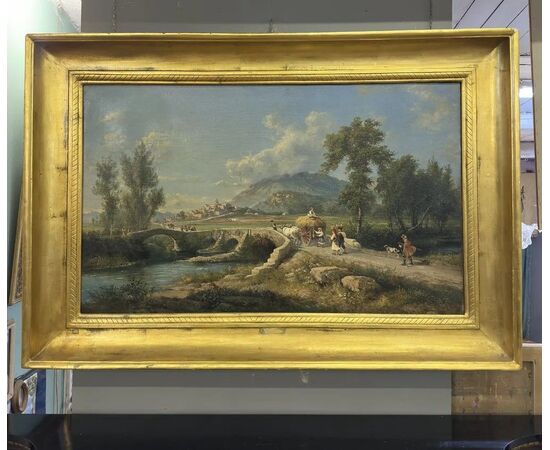 
Paesaggio con Ponte ad Olio su Tela, Scuola Italiana - XIX Sec.