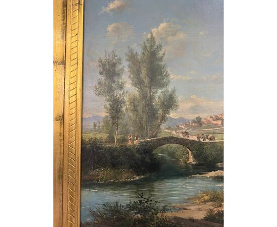 
Paesaggio con Ponte ad Olio su Tela, Scuola Italiana - XIX Sec.