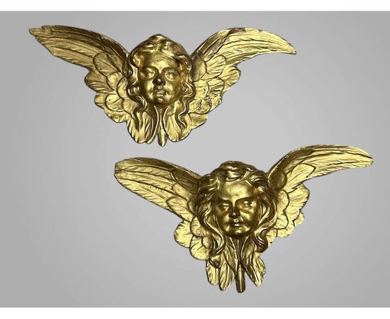 Pair of gilded wooden winged cherubs – 18th/19th century