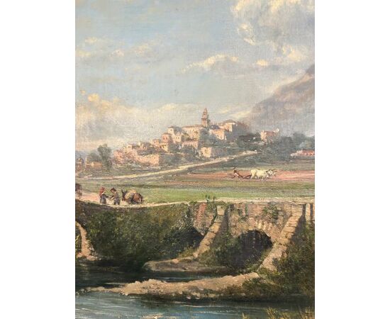 
Paesaggio con Ponte ad Olio su Tela, Scuola Italiana - XIX Sec.