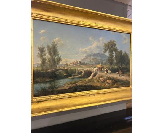 
Paesaggio con Ponte ad Olio su Tela, Scuola Italiana - XIX Sec.