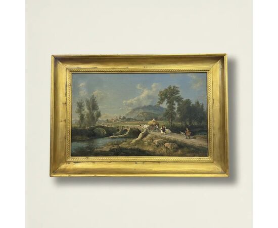 
Paesaggio con Ponte ad Olio su Tela, Scuola Italiana - XIX Sec.