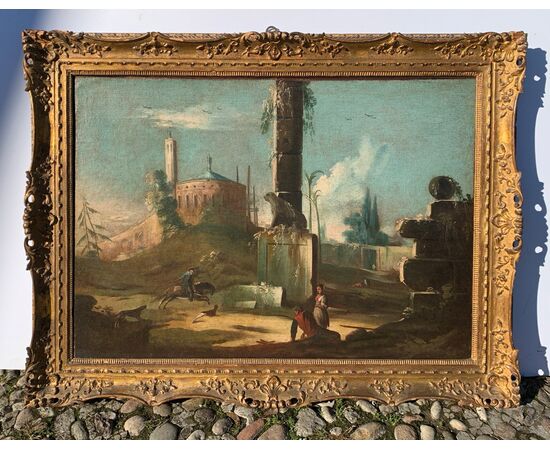 Antonio Stom (Venezia 1688 - Venezia 1734) - Capriccio architettonico con rovine classiche e leone araldico.