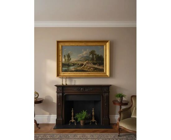 
Paesaggio con Ponte ad Olio su Tela, Scuola Italiana - XIX Sec.