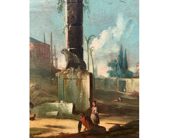 Antonio Stom (Venezia 1688 - Venezia 1734) - Capriccio architettonico con rovine classiche e leone araldico.