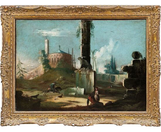 Antonio Stom (Venezia 1688 - Venezia 1734) - Capriccio architettonico con rovine classiche e leone araldico.