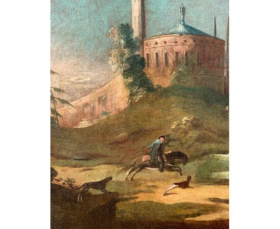 Antonio Stom (Venezia 1688 - Venezia 1734) - Capriccio architettonico con rovine classiche e leone araldico.