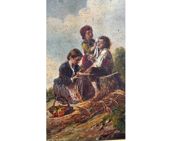 Dipinto olio su tavola raffigurante tre fanciulli in ambiente agreste.
