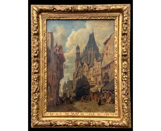 Oil painting on canvas depicting a city scene.