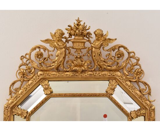 SPECCHIO ANTICO CON FIORI E PUTTI, SPECCHIERA ANTICA LUIGI FILIPPO, CORNICE DORATA, XIX SECOLO. (SPCP197)
