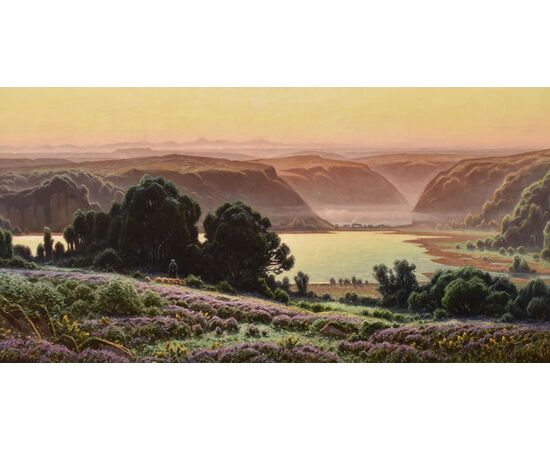 DIPINTI ANTICHI PAESAGGI, LAC DE CHAMBLY, DIDIER POUGET, OLIO SU TELA, PRIMI DEL NOVECENTO. (QP706)