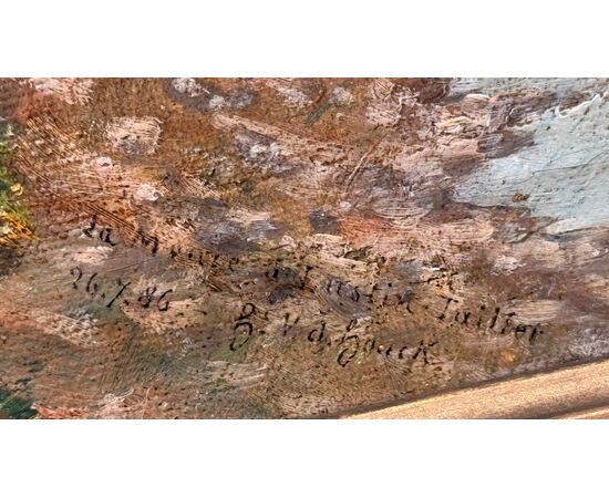 Dipinto olio su tela raffigurante paesaggio con fiume.Francia.