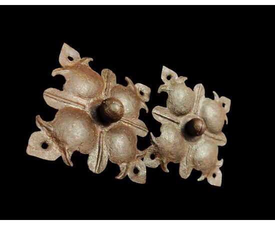 Two huge wrought and embossed iron nails, 17th-18th century