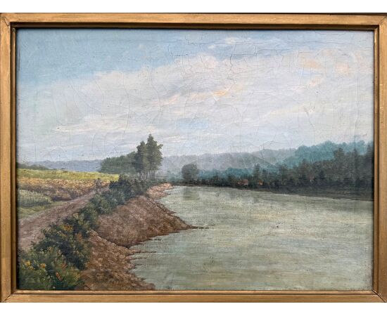 Dipinto olio su tela raffigurante paesaggio con fiume.Francia.