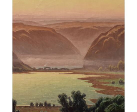 DIPINTI ANTICHI PAESAGGI, LAC DE CHAMBLY, DIDIER POUGET, OLIO SU TELA, PRIMI DEL NOVECENTO. (QP706)