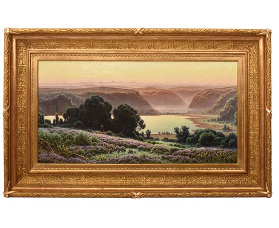 DIPINTI ANTICHI PAESAGGI, LAC DE CHAMBLY, DIDIER POUGET, OLIO SU TELA, PRIMI DEL NOVECENTO. (QP706)