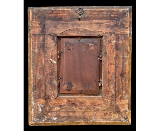 Dipinto olio su tavola raffigurante tre fanciulli in ambiente agreste.