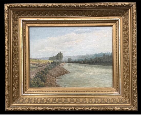 Dipinto olio su tela raffigurante paesaggio con fiume.Francia.