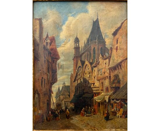 Oil painting on canvas depicting a city scene.