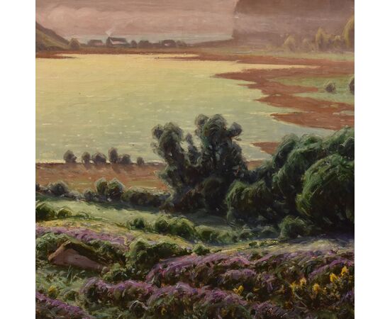 DIPINTI ANTICHI PAESAGGI, LAC DE CHAMBLY, DIDIER POUGET, OLIO SU TELA, PRIMI DEL NOVECENTO. (QP706)