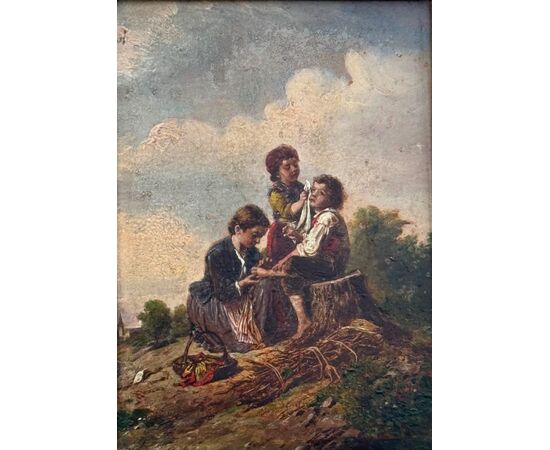 Dipinto olio su tavola raffigurante tre fanciulli in ambiente agreste.