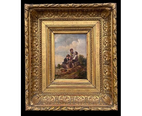Dipinto olio su tavola raffigurante tre fanciulli in ambiente agreste.