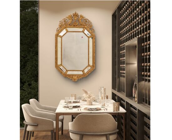 SPECCHIO ANTICO CON FIORI E PUTTI, SPECCHIERA ANTICA LUIGI FILIPPO, CORNICE DORATA, XIX SECOLO. (SPCP197)