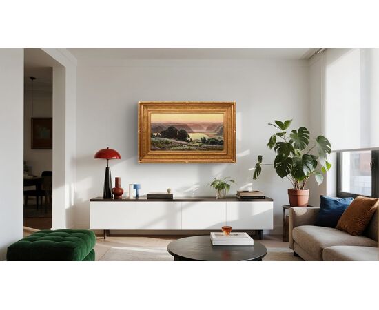 DIPINTI ANTICHI PAESAGGI, LAC DE CHAMBLY, DIDIER POUGET, OLIO SU TELA, PRIMI DEL NOVECENTO. (QP706)