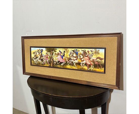 Antique ceramic tile panel showing knights by Franceschini Pesaro ZG, 1950. Dimensions: 103x43cm