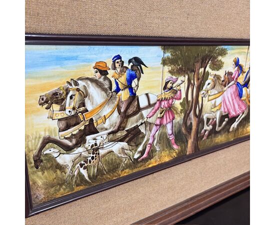 Antique ceramic tile panel showing knights by Franceschini Pesaro ZG, 1950. Dimensions: 103x43cm