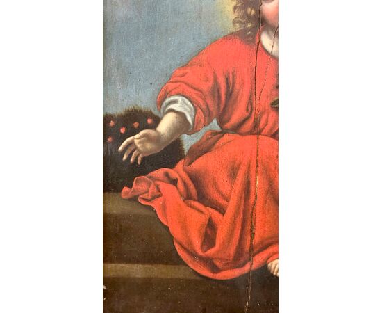 Oil painting on panel "Sacred Image of the Child with Garland of Flowers" - Early 19th century