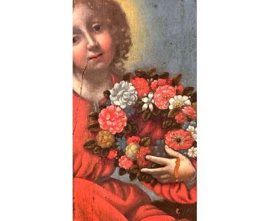 Oil painting on panel "Sacred Image of the Child with Garland of Flowers" - Early 19th century