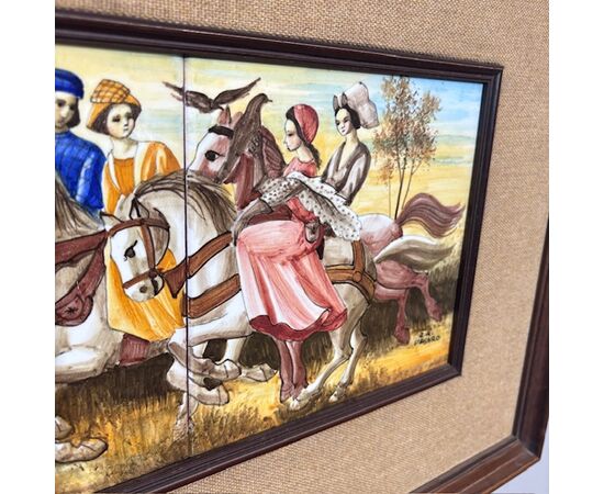 Antique ceramic tile panel showing knights by Franceschini Pesaro ZG, 1950. Dimensions: 103x43cm