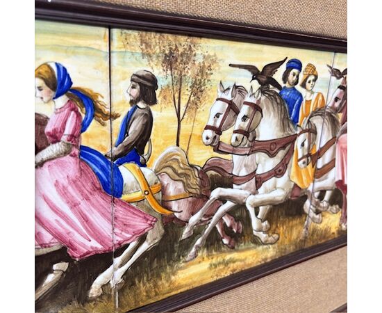 Antique ceramic tile panel showing knights by Franceschini Pesaro ZG, 1950. Dimensions: 103x43cm