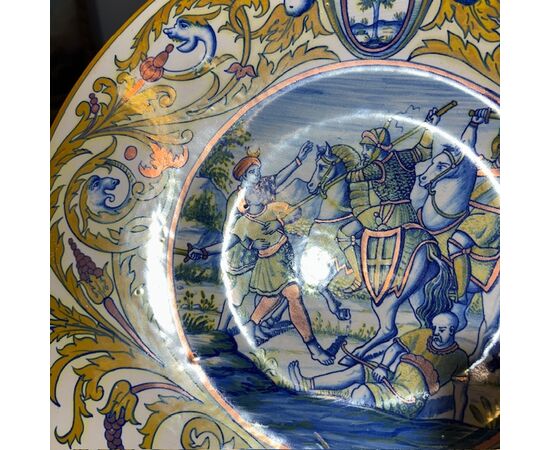Antique Luster Plate by Paolo Rubboli, Gualdo Tadino, late 19th century, Battle scene, 39 cm