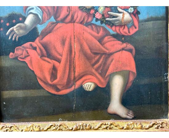 Oil painting on panel "Sacred Image of the Child with Garland of Flowers" - Early 19th century