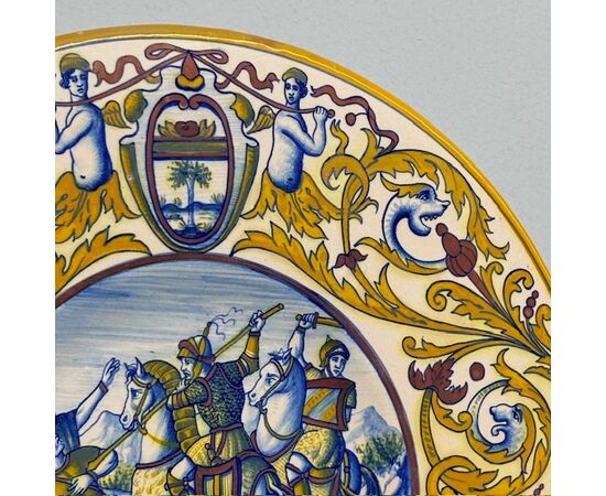 Antique Luster Plate by Paolo Rubboli, Gualdo Tadino, late 19th century, Battle scene, 39 cm