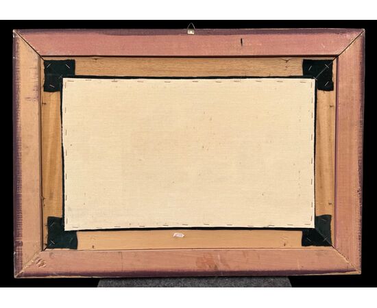 Dipinto olio su tela raffigurante paesaggio con figure ed architetture.