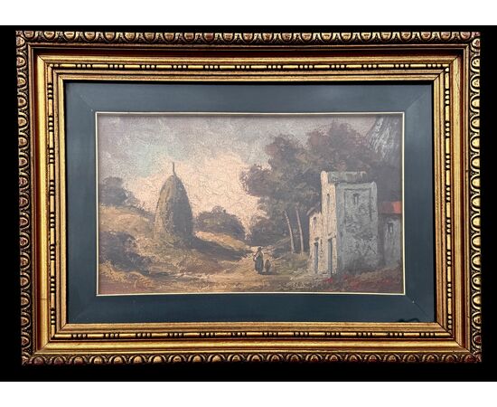 Dipinto olio su tela raffigurante paesaggio con figure ed architetture.