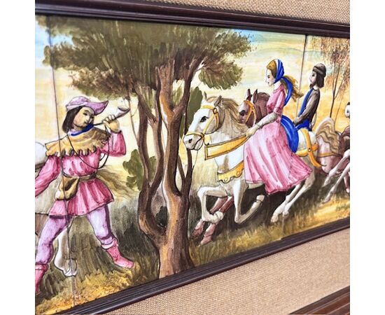 Antique ceramic tile panel showing knights by Franceschini Pesaro ZG, 1950. Dimensions: 103x43cm