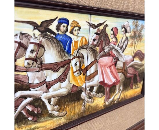 Antique ceramic tile panel showing knights by Franceschini Pesaro ZG, 1950. Dimensions: 103x43cm