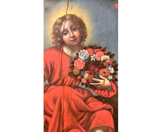 Oil painting on panel "Sacred Image of the Child with Garland of Flowers" - Early 19th century