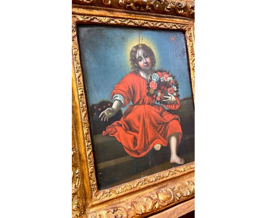 Oil painting on panel "Sacred Image of the Child with Garland of Flowers" - Early 19th century
